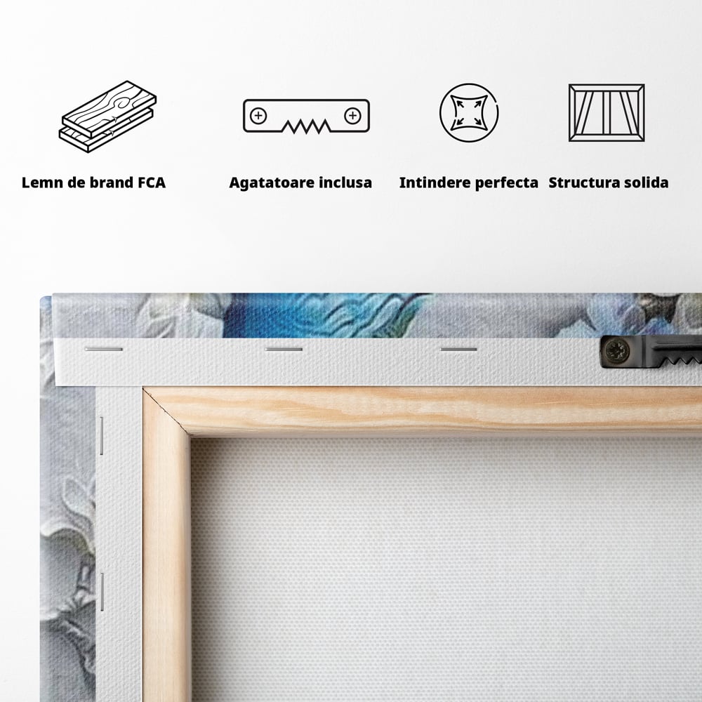 Tablou Canvas cu Paun Albastru si Flori, Albastru Cobalt si Alb Crem, M1404
