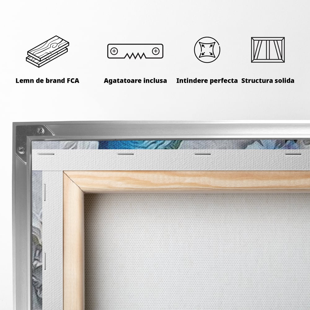 Tablou Canvas cu Paun Albastru si Flori, Albastru Cobalt si Alb Crem, M1404