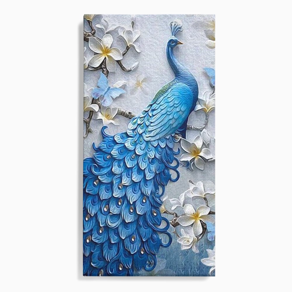 Tablou Canvas cu Paun Albastru si Flori, Albastru Cobalt si Alb Crem, M1404