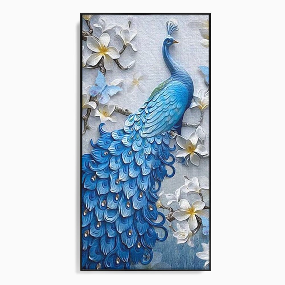 Tablou Canvas cu Paun Albastru si Flori, Albastru Cobalt si Alb Crem, M1404