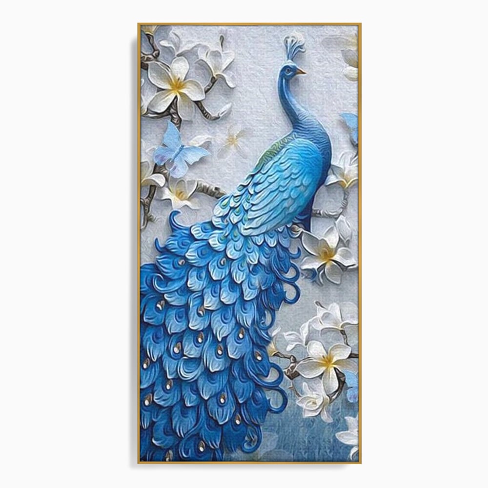 Tablou Canvas cu Paun Albastru si Flori, Albastru Cobalt si Alb Crem, M1404