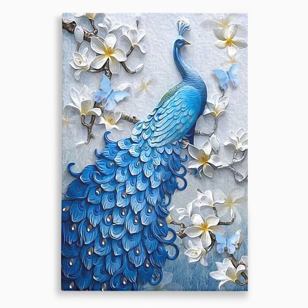 Tablou Canvas cu Paun Albastru si Flori, Albastru Cobalt si Alb Crem, M1404