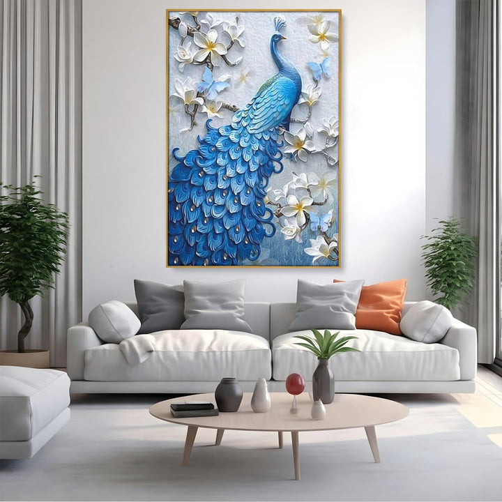 Tablou Canvas cu Paun Albastru si Flori, Albastru Cobalt si Alb Crem, M1404