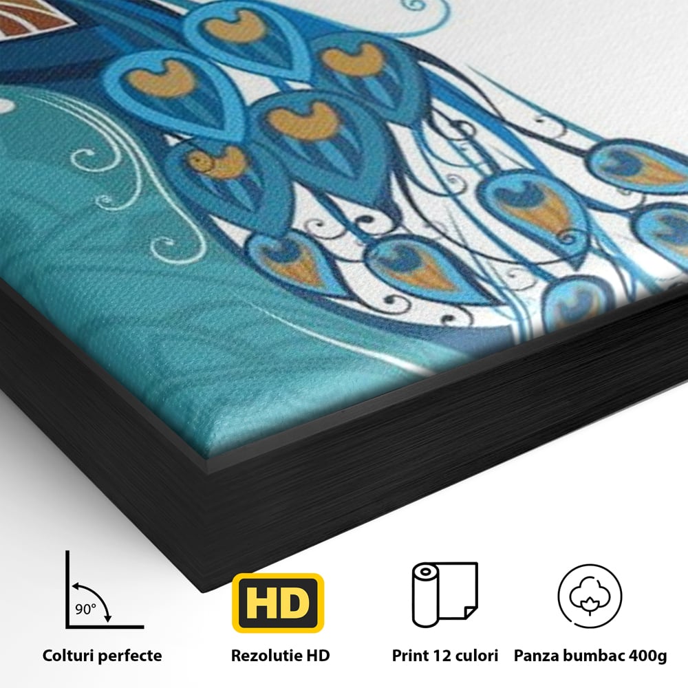 Detaliu al suprafetei: ilustratie digitala cu paun si pene, in rama de aluminiu negru