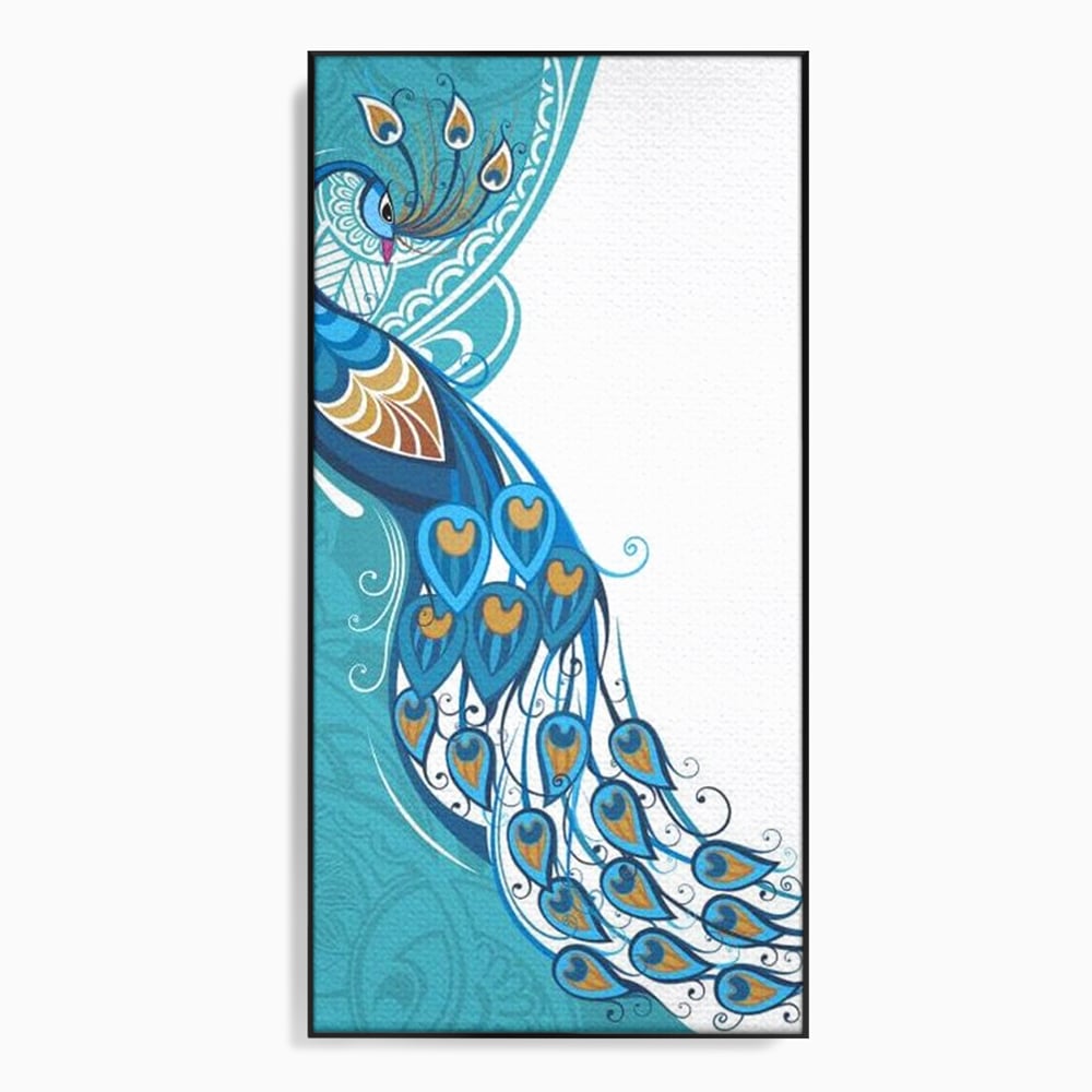 Tablou canvas cu ilustratie digitala cu paun si pene, in rama de aluminiu negru