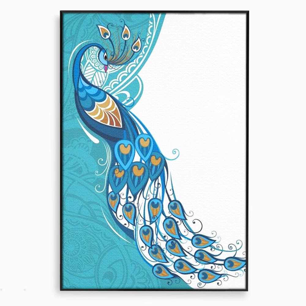 Tablou canvas cu ilustratie digitala cu paun si pene, in rama de aluminiu negru