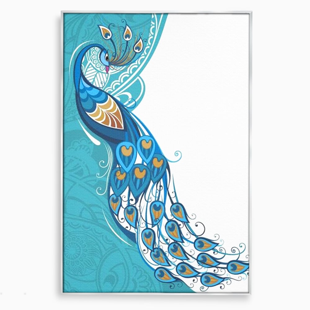 Tablou canvas cu ilustratie digitala cu paun si pene, in rama de aluminiu argintiu