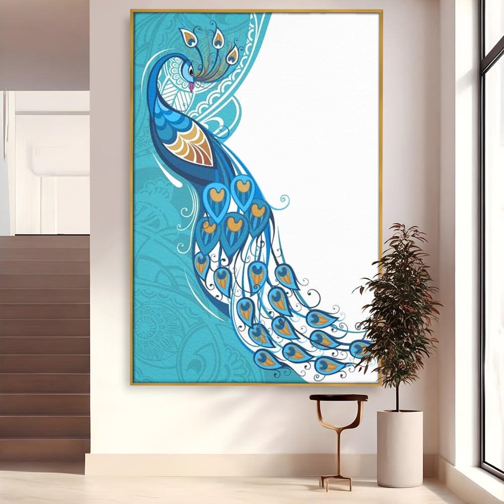 Tablou canvas cu ilustratie digitala cu paun si pene, in rama de aluminiu auriu