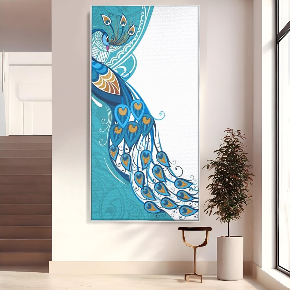 Tablou canvas cu ilustratie digitala cu paun si pene, in rama de aluminiu argintiu