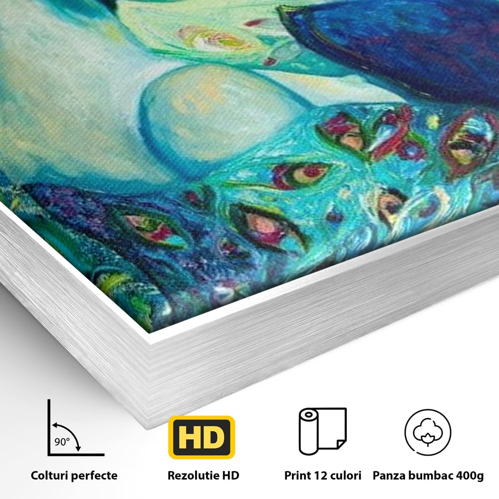 Detaliu al suprafetei: pictura canvas portret de gheisa, in rama de aluminiu argintiu