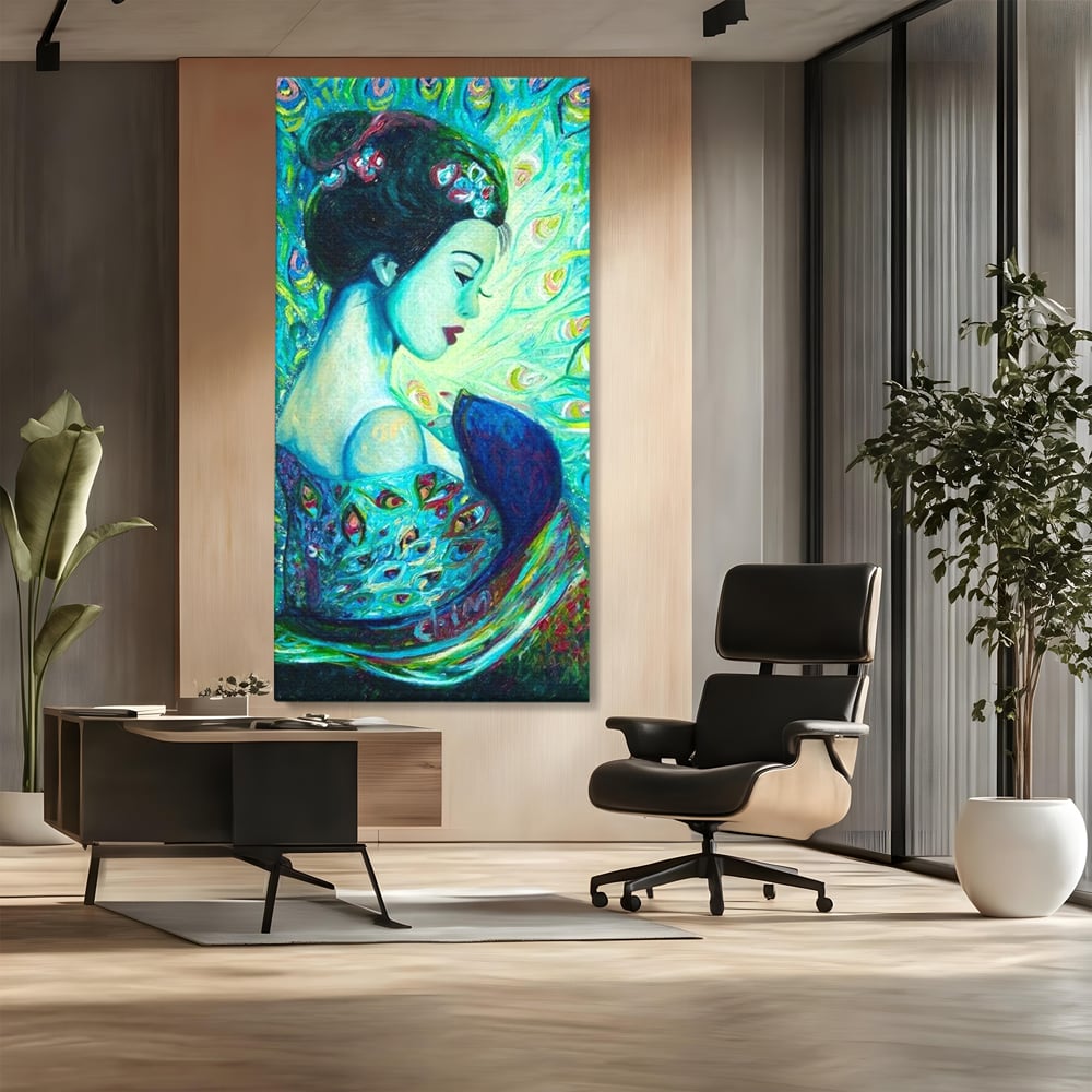 Tablou canvas cu pictura canvas portret de gheisa, fara rama, pe sasiu de lemn, pe perete intr-un birou