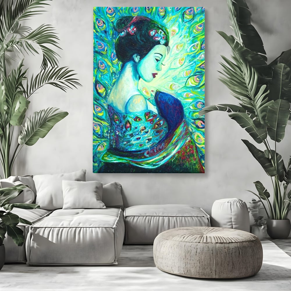 Tablou canvas cu pictura canvas portret de gheisa, fara rama, pe sasiu de lemn, pe perete intr-un living