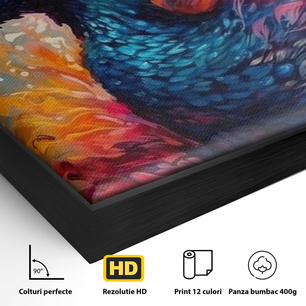 Detaliu al suprafetei: tablou canvas cu paun in flacari, in rama de aluminiu negru