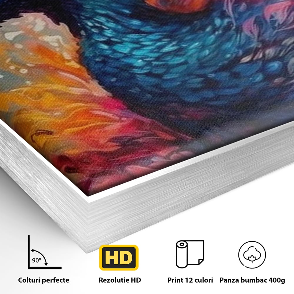 Detaliu al suprafetei: tablou canvas cu paun in flacari, in rama de aluminiu argintiu