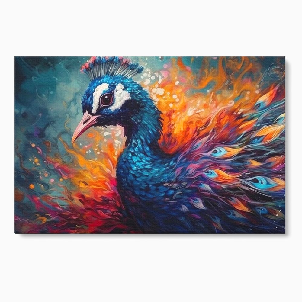 Tablou canvas cu tablou canvas cu paun in flacari, fara rama, pe sasiu de lemn