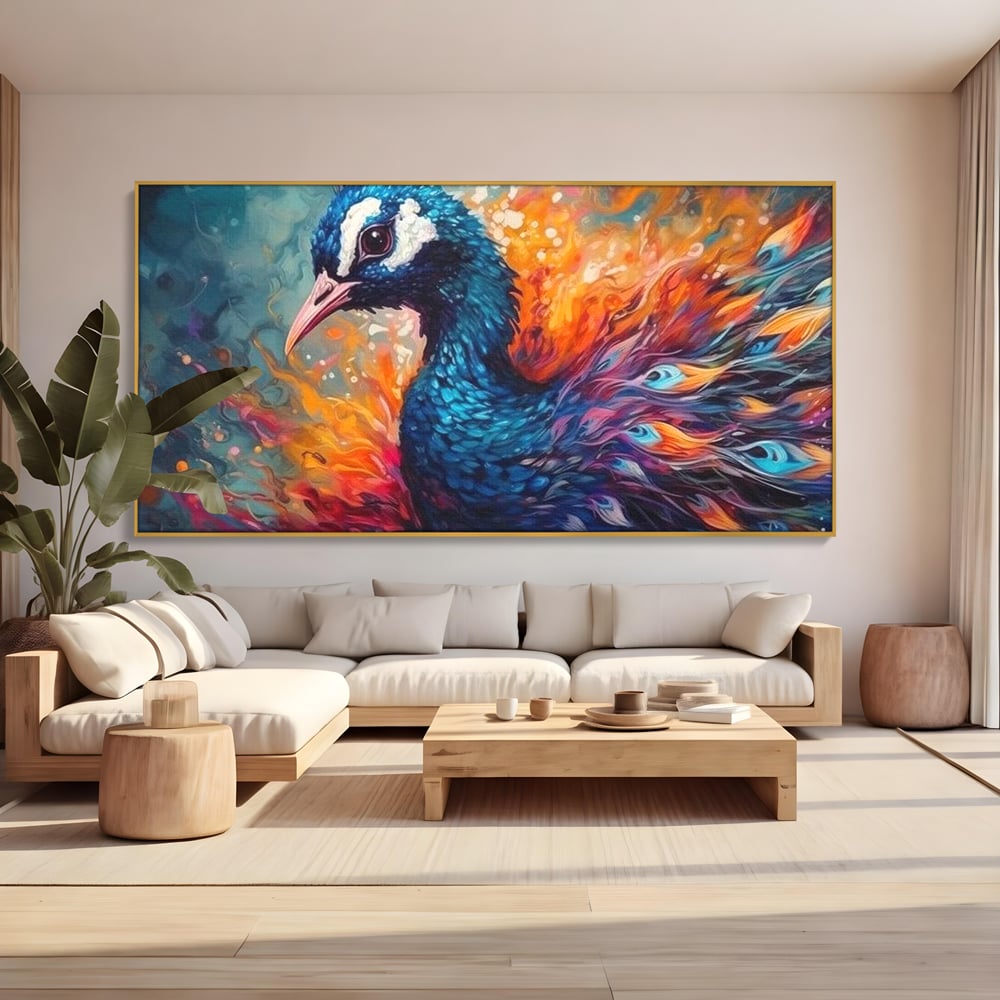 Tablou canvas cu tablou canvas cu paun in flacari, in rama de aluminiu auriu, pe perete intr-un living