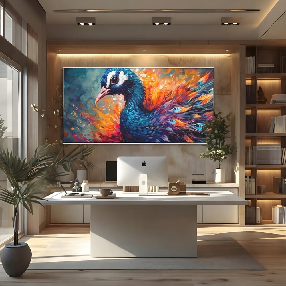 Tablou canvas cu tablou canvas cu paun in flacari, in rama de aluminiu argintiu, pe perete intr-un birou