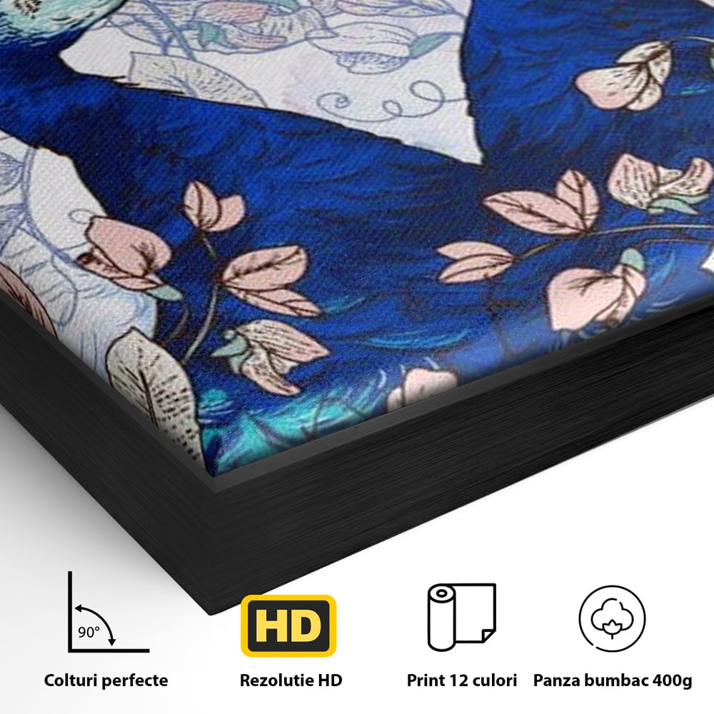 Detaliu al suprafetei: tablou canvas cu doi pauni albastri, in rama de aluminiu negru