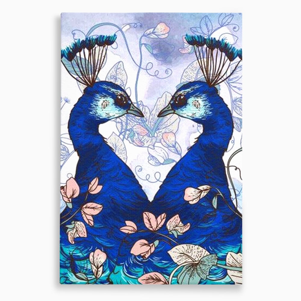 Tablou canvas cu tablou canvas cu doi pauni albastri, fara rama, pe sasiu de lemn