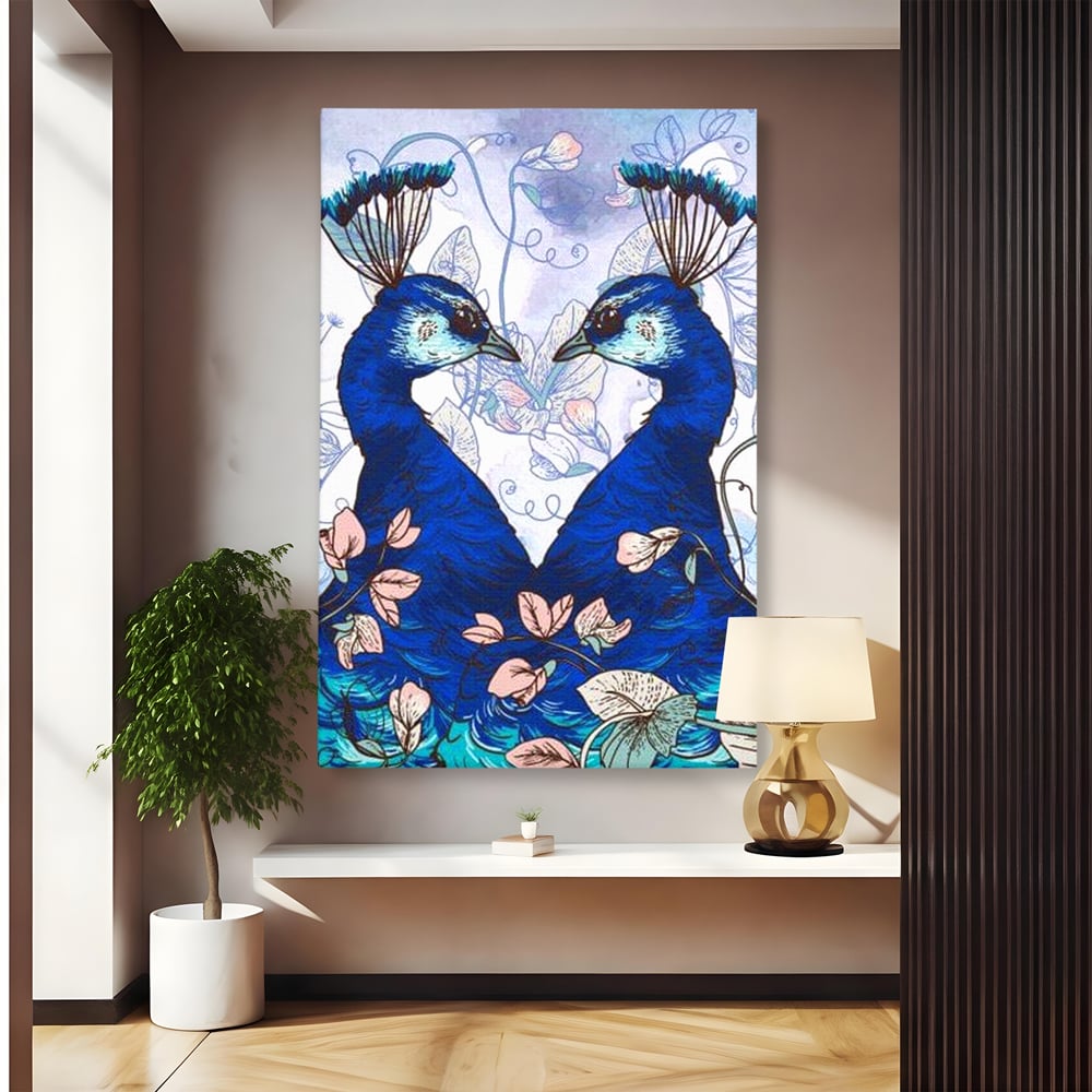 Tablou canvas cu tablou canvas cu doi pauni albastri, fara rama, pe sasiu de lemn