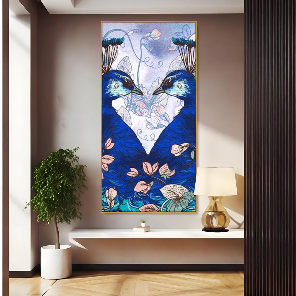 Tablou canvas cu tablou canvas cu doi pauni albastri, in rama de aluminiu auriu