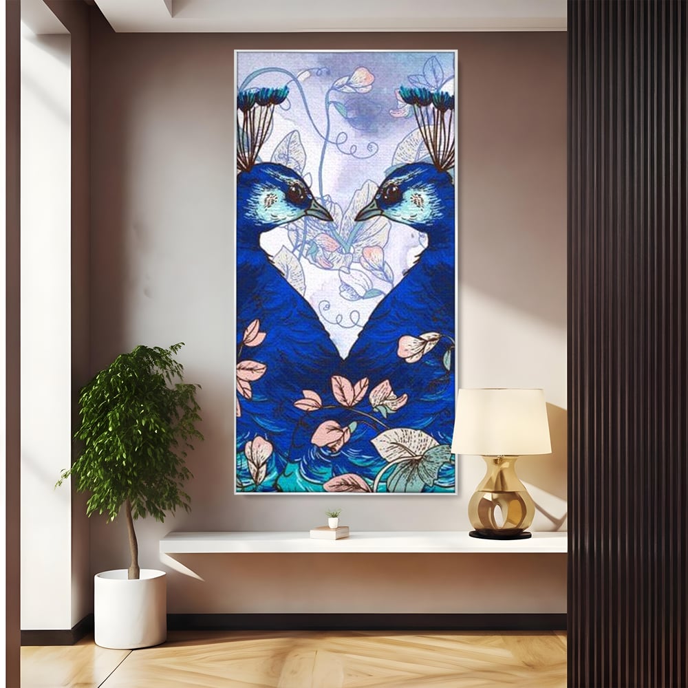 Tablou canvas cu tablou canvas cu doi pauni albastri, in rama de aluminiu argintiu