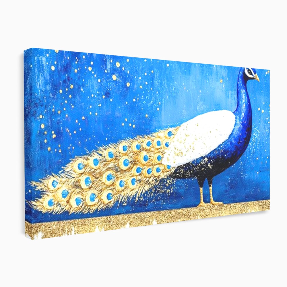 Tablou canvas cu tablou canvas cu paun in nuante de albastru si auriu, fara rama, pe sasiu de lemn