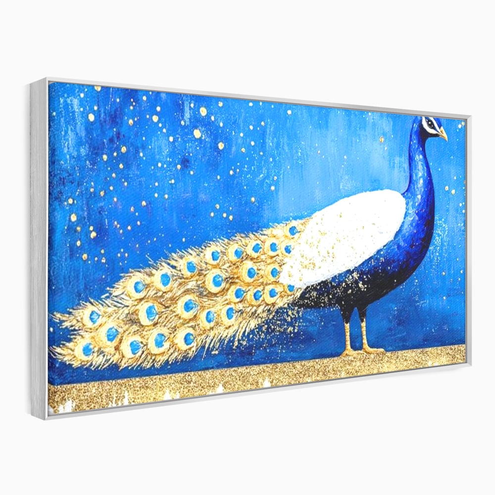 Tablou canvas cu tablou canvas cu paun in nuante de albastru si auriu, in rama de aluminiu argintiu