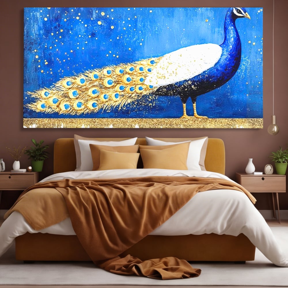 Tablou canvas cu tablou canvas cu paun in nuante de albastru si auriu, fara rama, pe sasiu de lemn, pe perete intr-un dormitor