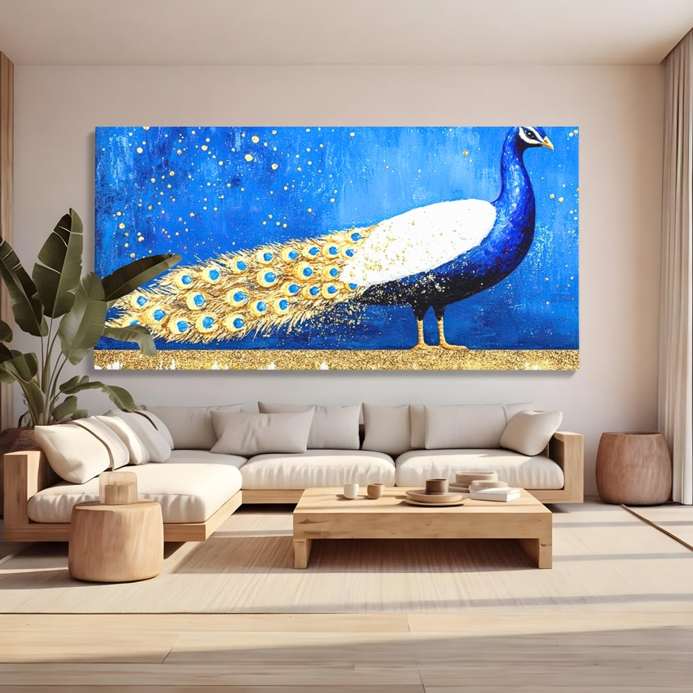 Tablou canvas cu tablou canvas cu paun in nuante de albastru si auriu, fara rama, pe sasiu de lemn, pe perete intr-un living