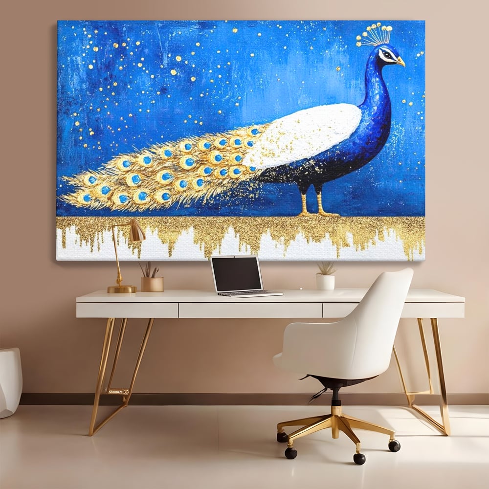 Tablou canvas cu tablou canvas cu paun in nuante de albastru si auriu, fara rama, pe sasiu de lemn, pe perete intr-un birou