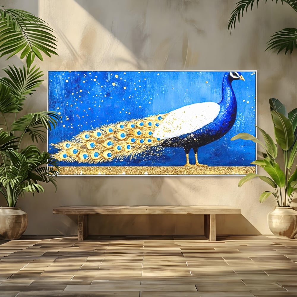 Tablou canvas cu tablou canvas cu paun in nuante de albastru si auriu, in rama de aluminiu argintiu