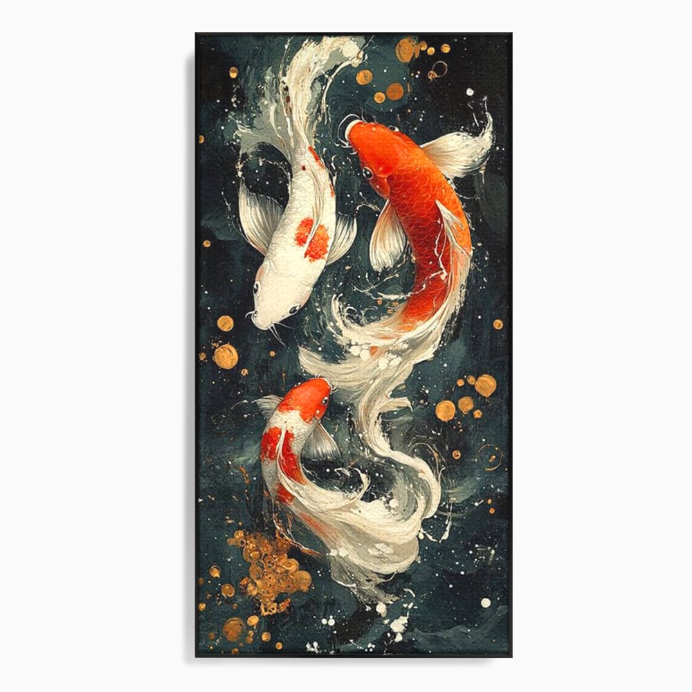 Tablou canvas cu pictura verticala cu trei pesti koi, in rama de aluminiu negru