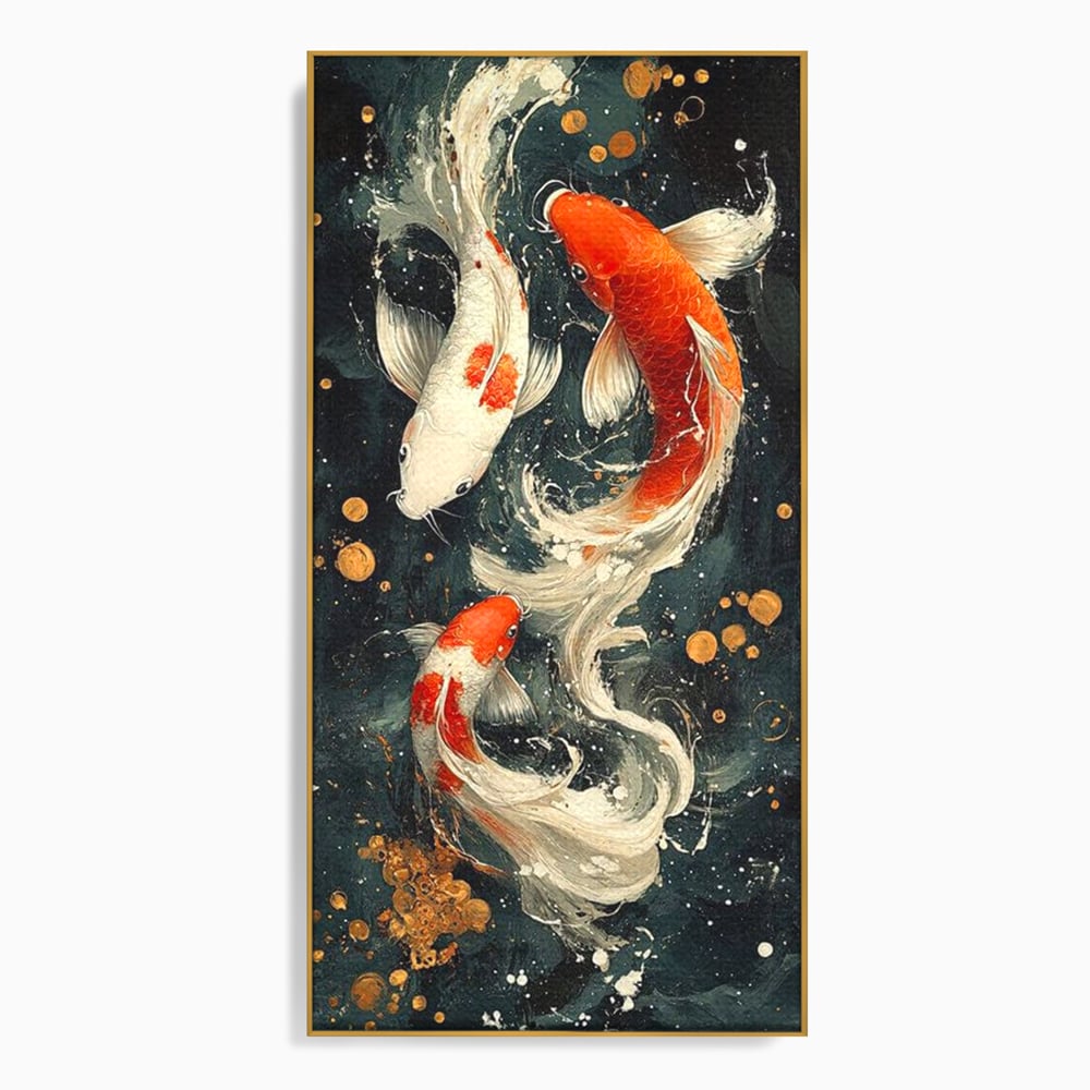 Tablou canvas cu pictura verticala cu trei pesti koi, in rama de aluminiu auriu