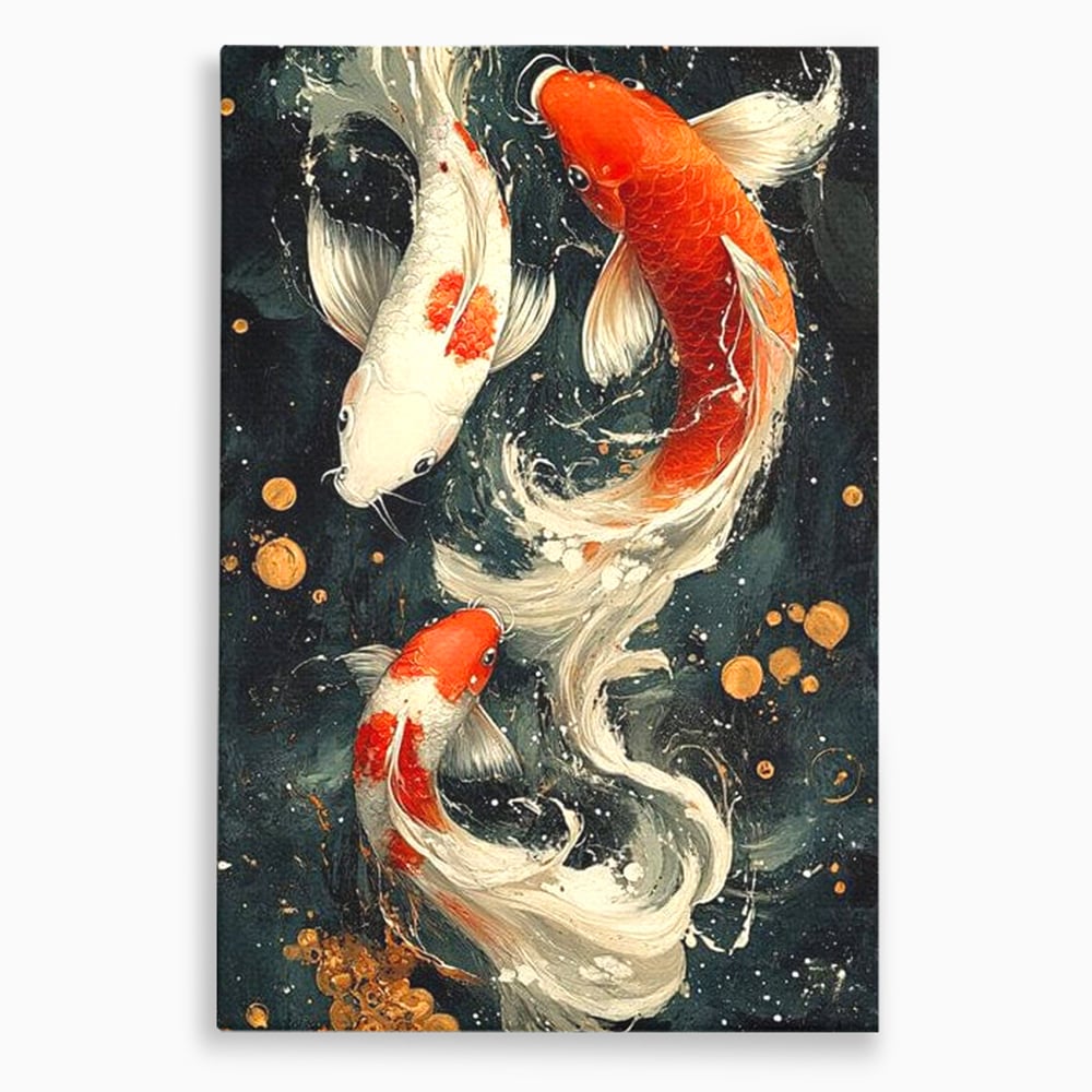 Tablou canvas cu pictura verticala cu trei pesti koi, fara rama, pe sasiu de lemn