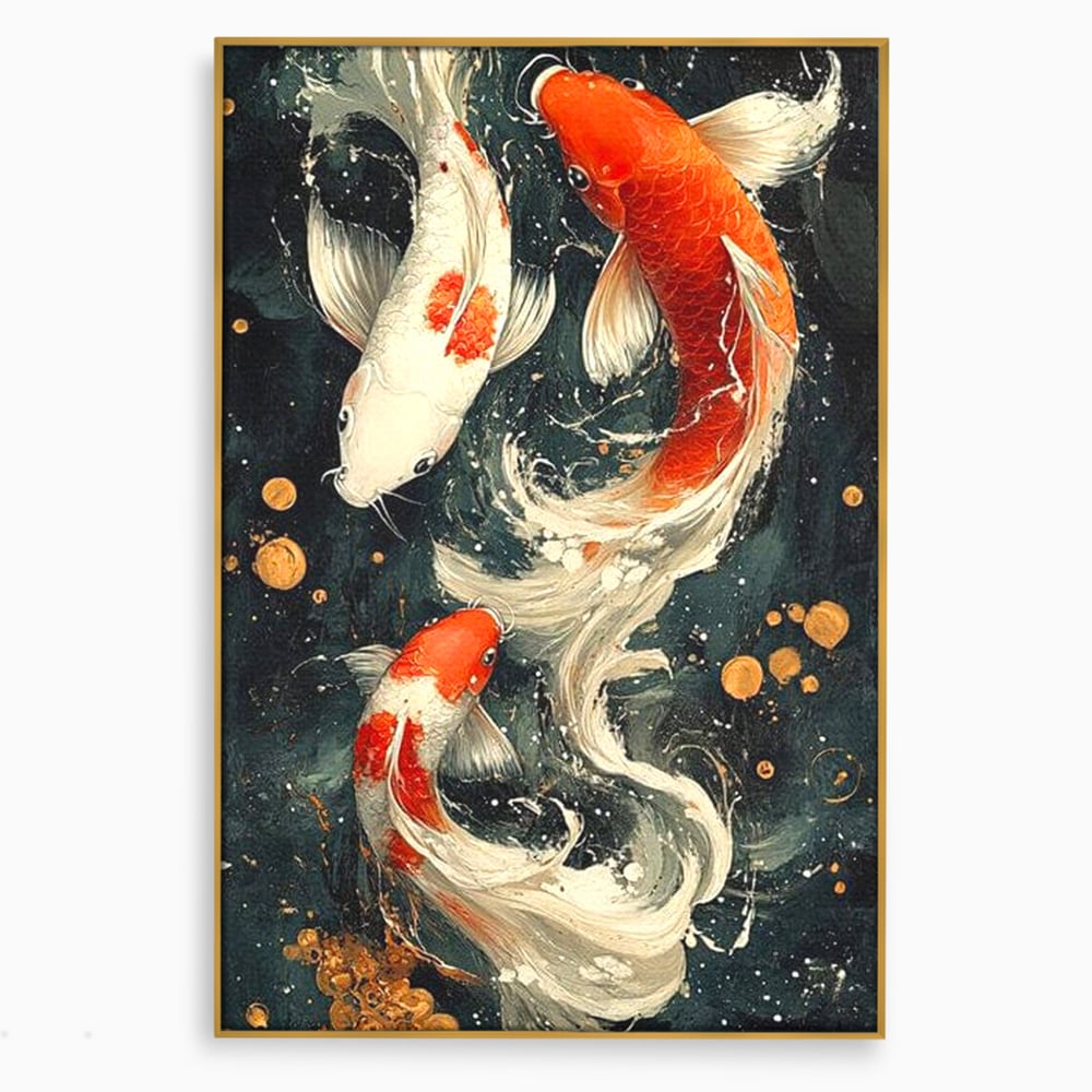 Tablou canvas cu pictura verticala cu trei pesti koi, in rama de aluminiu auriu