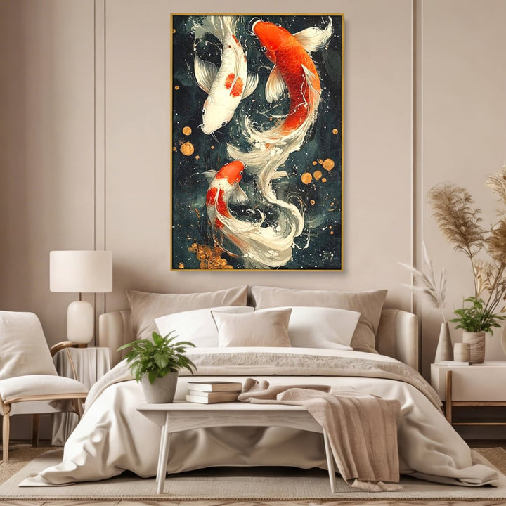Tablou canvas cu pictura verticala cu trei pesti koi, in rama de aluminiu auriu, pe perete intr-un dormitor