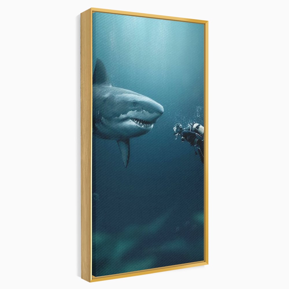 Tablou canvas cu tablou canvas cu rechin si scafandru, in rama de aluminiu auriu