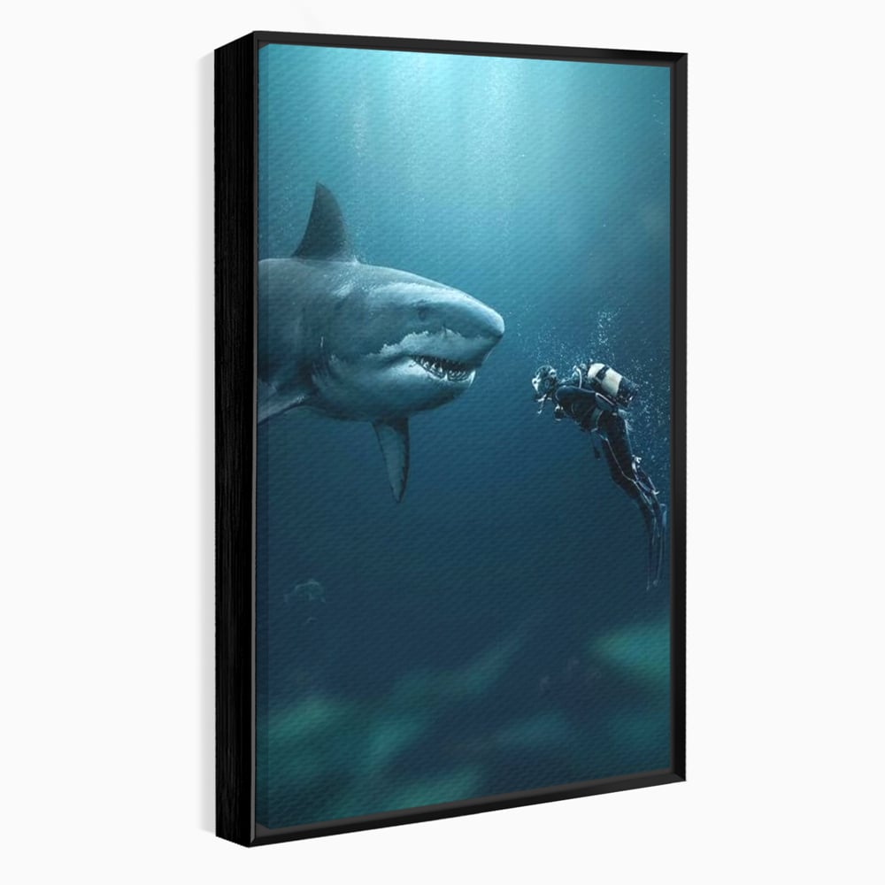 Tablou canvas cu tablou canvas cu rechin si scafandru, in rama de aluminiu negru