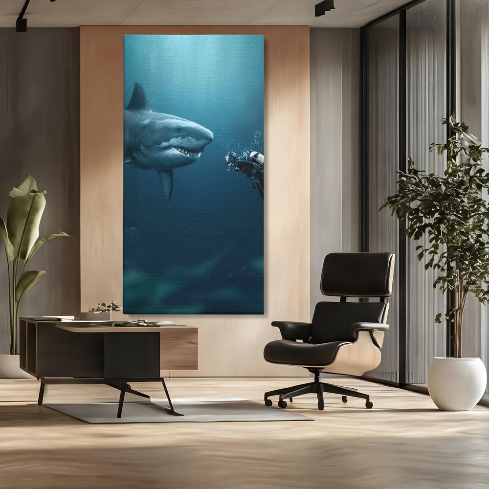 Tablou canvas cu tablou canvas cu rechin si scafandru, fara rama, pe sasiu de lemn, pe perete intr-un birou
