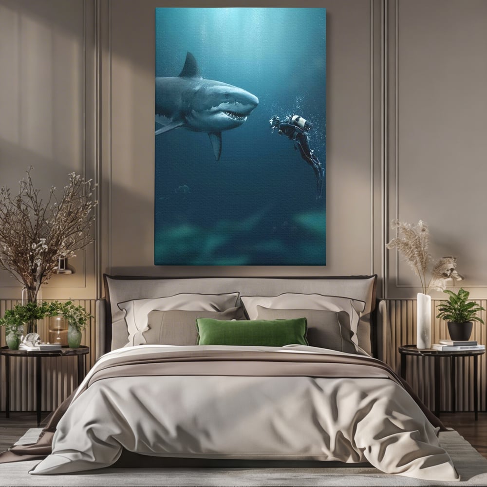 Tablou canvas cu tablou canvas cu rechin si scafandru, fara rama, pe sasiu de lemn, pe perete intr-un dormitor