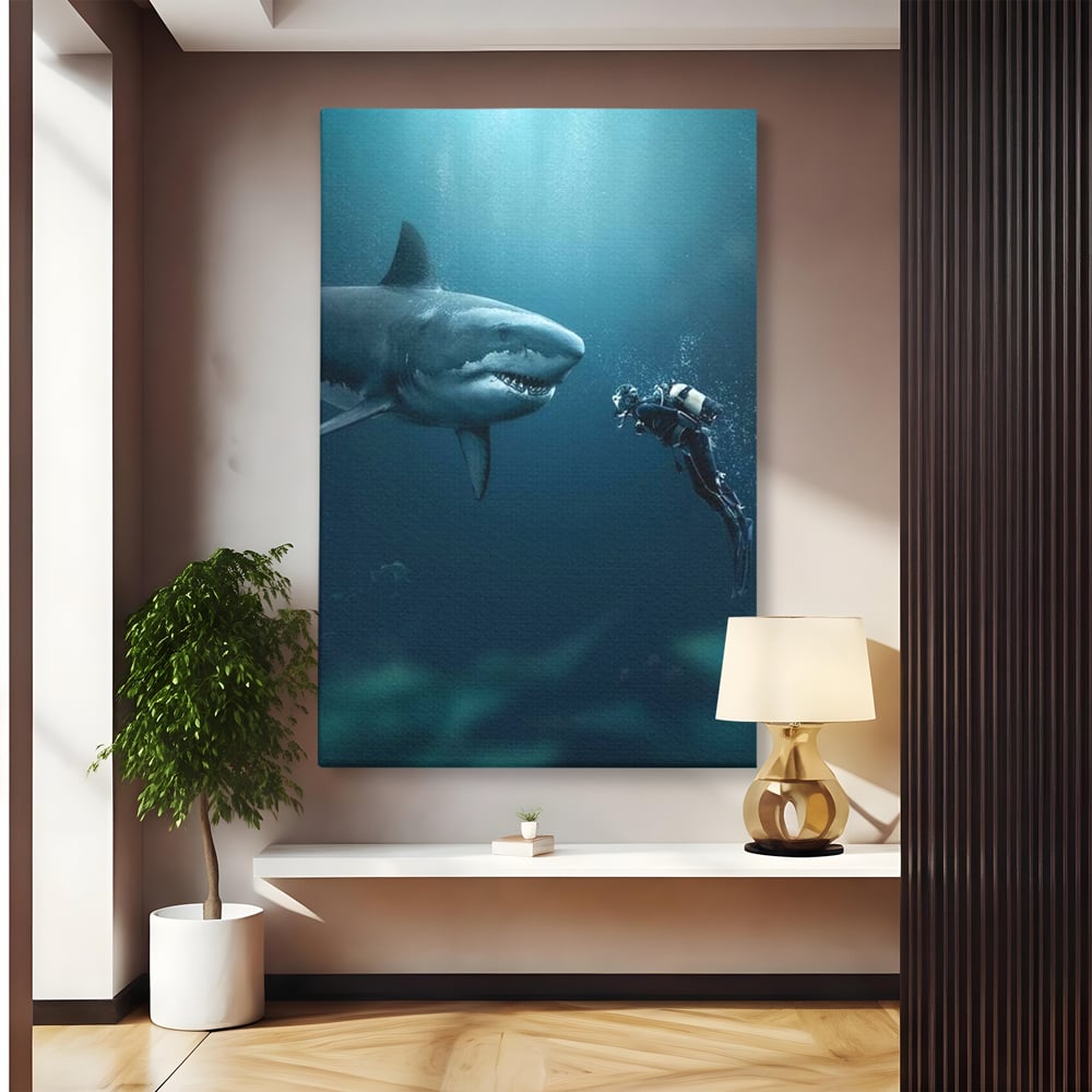Tablou canvas cu tablou canvas cu rechin si scafandru, fara rama, pe sasiu de lemn