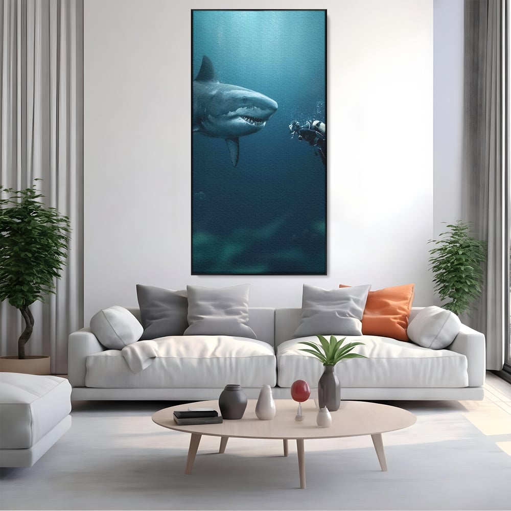 Tablou canvas cu tablou canvas cu rechin si scafandru, in rama de aluminiu negru, pe perete intr-un living