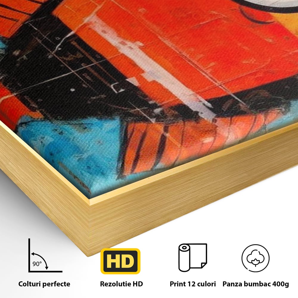 Detaliu al suprafetei: tablou canvas cu peste stilizat in stil pop art, in rama de aluminiu auriu