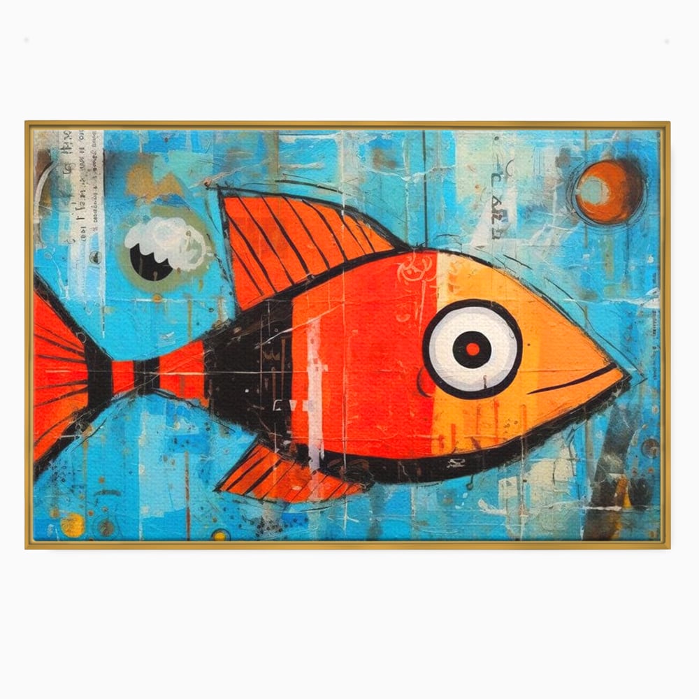 Tablou canvas cu tablou canvas cu peste stilizat in stil pop art, in rama de aluminiu auriu