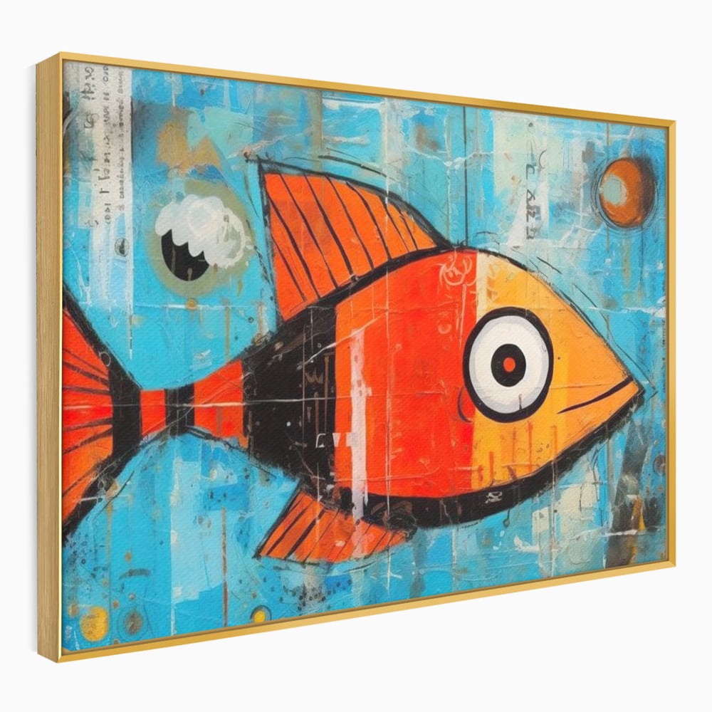 Tablou canvas cu tablou canvas cu peste stilizat in stil pop art, in rama de aluminiu auriu