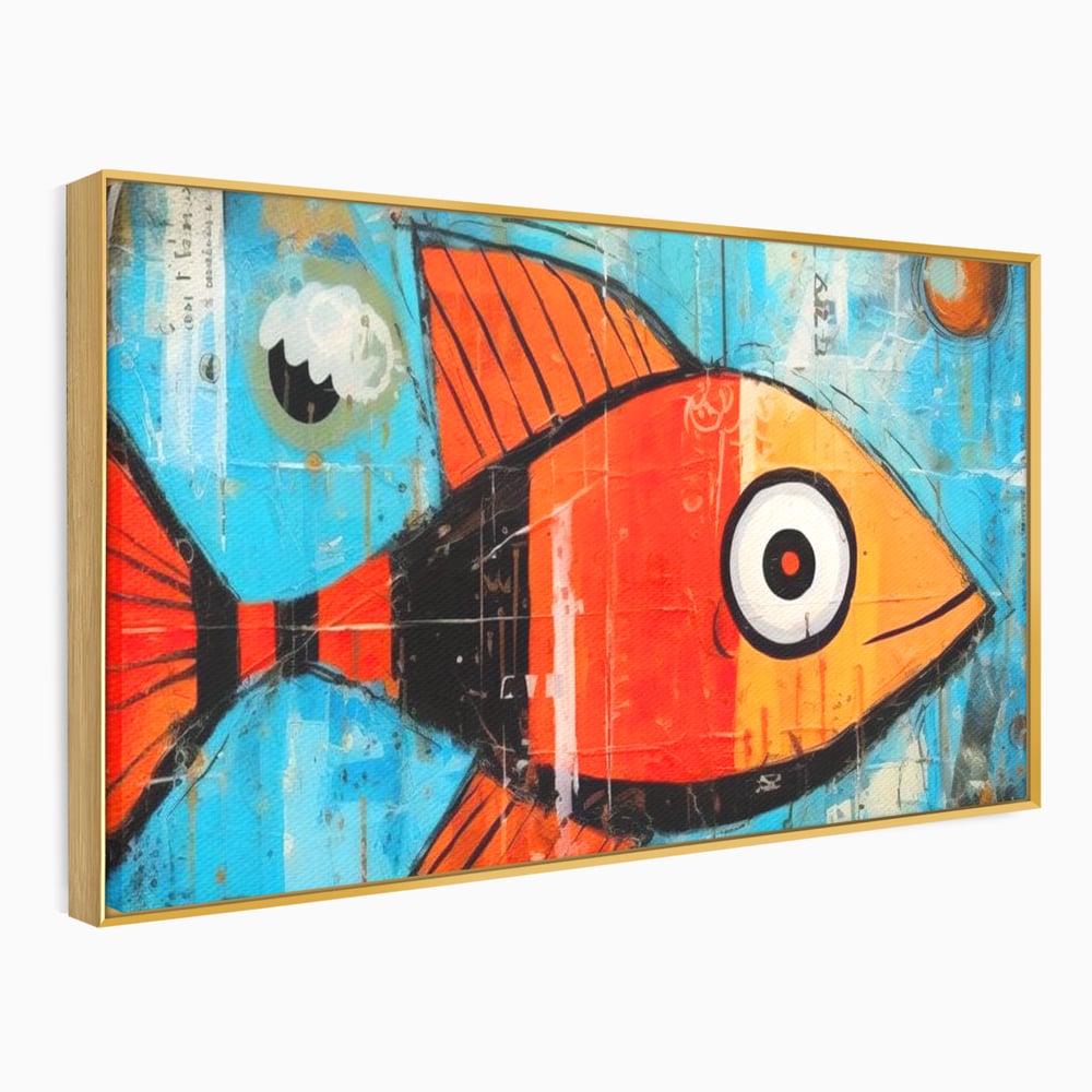 Tablou canvas cu tablou canvas cu peste stilizat in stil pop art, in rama de aluminiu auriu