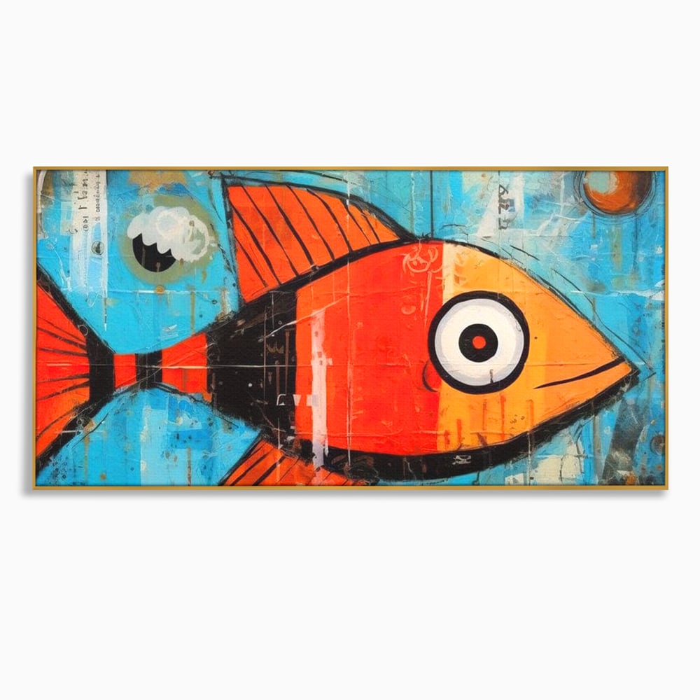 Tablou canvas cu tablou canvas cu peste stilizat in stil pop art, in rama de aluminiu auriu