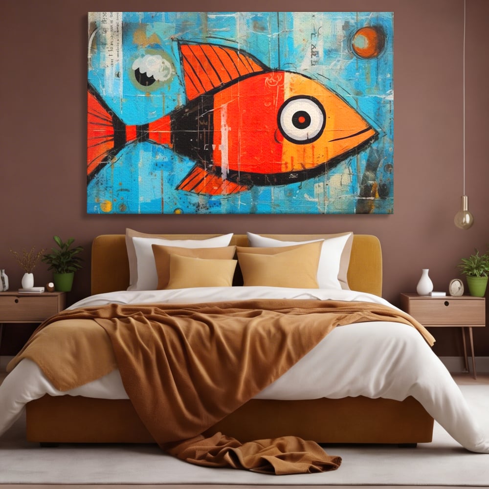 Tablou canvas cu tablou canvas cu peste stilizat in stil pop art, fara rama, pe sasiu de lemn, pe perete intr-un dormitor