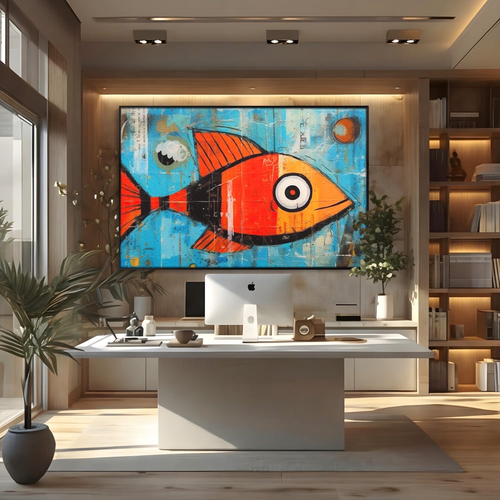 Tablou canvas cu tablou canvas cu peste stilizat in stil pop art, in rama de aluminiu negru, pe perete intr-un birou